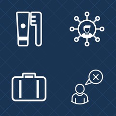 Premium set of outline vector icons. Such as display, profile, cutout, baggage, dentist, tourism, dental, cancel, medical, transportation, bag, man, holding, network, web, hygiene, mobile, suitcase