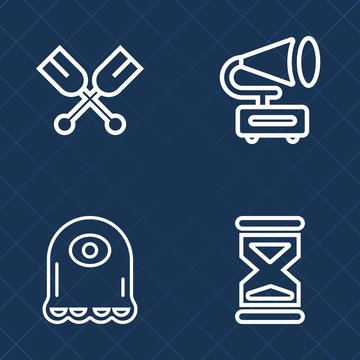Premium set of outline vector icons. Such as water, rowing, cute, hourglass, monster, paddle, sport, canoe, cartoon, sea, vintage, character, marine, sand, audio, river, antique, song, funny, player