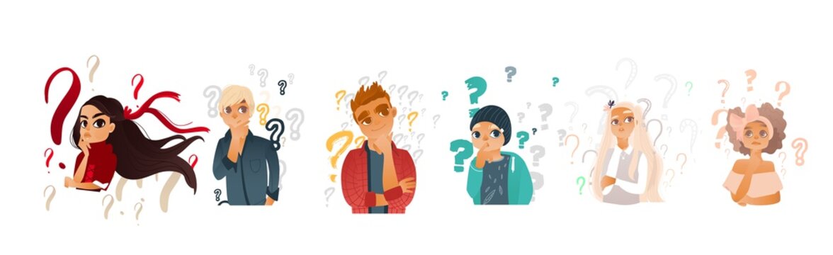 Cartoon teen people with questions set. Young caucasian women with ribbon in hair, men thinking. Male female characters standing thoughtful pose holding chin questions above head. vector illustration