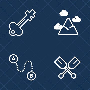 Premium set of outline vector icons. Such as pin, hill, blue, landscape, old, snow, lock, vintage, position, mountain, aged, location, security, chain, metal, peak, antique, sign, river, point, place
