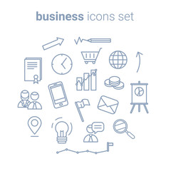 Vector business themed blue line icons and pictograms isolated on white background