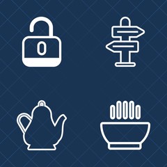 Premium set of outline vector icons. Such as open, meal, drink, vegetable, beverage, road, direction, pointer, protection, white, choice, coffee, hot, password, guidance, wood, secure, teapot, kitchen