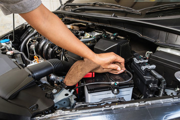 Professional check  engine cars   details and cleaning before traveling with microfiber