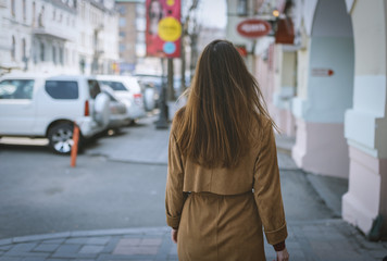 Fototapeta premium Portrait of a brunette girl in cloak. View from back.