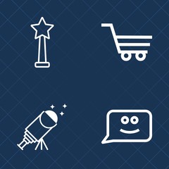 Premium set of outline vector icons. Such as science, reward, cart, retail, medal, emblem, space, astrology, chat, business, star, emotion, happy, cosmos, planet, achievement, sale, prize, smile, sky