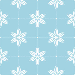 Fototapeta na wymiar White flowers on blue background. Ornamental seamless pattern