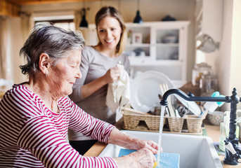 An elderly grandmother with an adult granddaughter at home, washing the dishes.