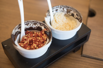 Set of sauce on wood box