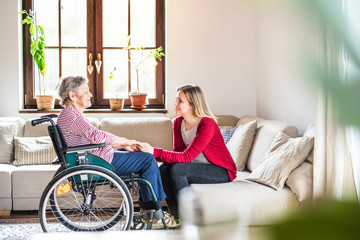 An elderly grandmother in wheelchair with an adult granddaughter at home.