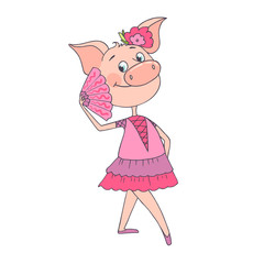 Funny cute pig is in a beautiful dress