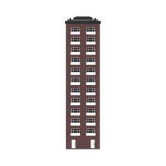City skyline element - multi storey apartment house front view in flat style isolated on white background. Exterior of high-rise building for real estate and property concept. Vector illustration