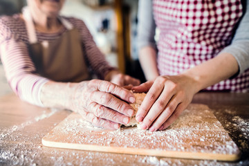 An elderly grandmother with an adult granddaughter at home, baking.