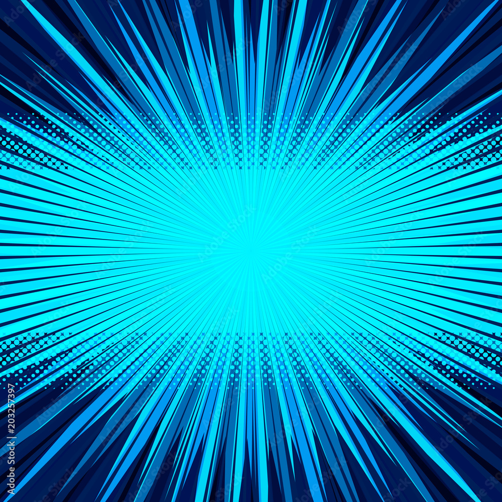 Poster abstract comic blue background for style pop art design. retro burst template backdrop. light rays e