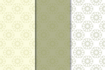 Olive green floral designs. Set of seamless patterns