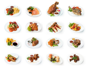 Collage of restaurant dishes isolated on white