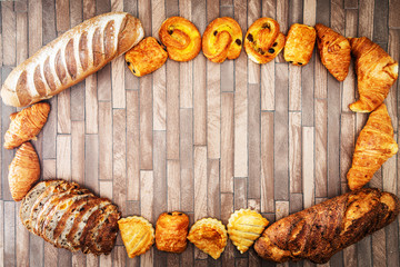 freshly baked French bread table background