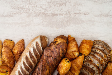 freshly baked French bread table background