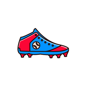 Baseball shoe with spikes - flat color line icon on isolated background. Base ball sneaker or boot in outline design. Sport equipment, gear, apparel symbol.