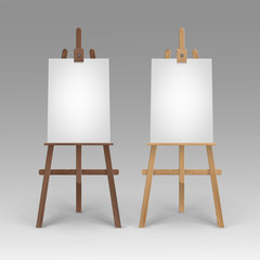 Vector Set of Wooden Brown Sienna Easels with Mock Up Empty Blank Vertical Canvases Isolated