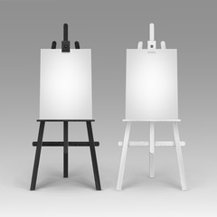 Vector Set of Wooden Black White Easels with Mock Up Empty Blank Vertical Canvases Isolated on Background
