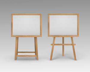 Vector Set of Wooden Brown Sienna Art Boards Easels with Mock Up Empty Blank Horizontal Canvases in Frame Isolated on Background