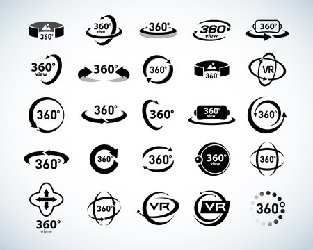 360 Degrees View Vector Icons set. Virtual reality icons. Isolated vector illustrations. Black and white version.