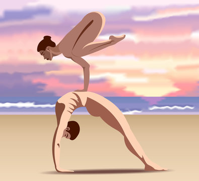 Acrobatic yoga on the background of the sea sunset