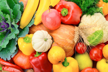 A set of fresh vegetables and fruits. Bright beautiful background.