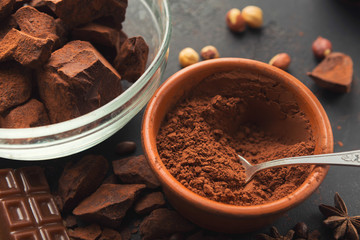 Cocoa bowl and crushed chocolate pieces on gray background