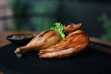 Grilled chicken on black dish wood background
