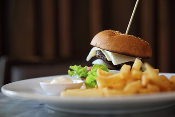 Beef hamburger with fries
