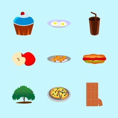 icons about Food with vitamin, dessert, fruit, omelette and hot chocolate