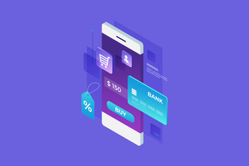 Concept of online shop, online shopping. Online payment for goods. Isometric image of smartphone, bank card and tag on blue background. 3d flat design. Vector illustration.