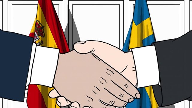 Businessmen or politicians shake hands against flags of Spain and Sweden. Official meeting or cooperation related cartoon animation