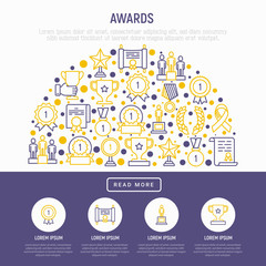 Awards concept in half circle with thin line icons: trophy, medal, cup, star, statuette, ribbon. Modern vector illustration of prizes for competition. Template for print media, banner.