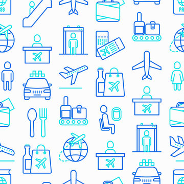 Airport seamless pattern with thin line icons: check-in counter, gates, boarding pass, escalator, toilet, food court, baggage claim, wrapping service, duty free, departures. Vector illustration.