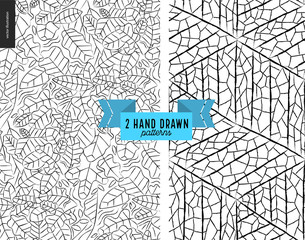 Set of hand drawn leaves black and white pattern. Vector seamless abstract background with vegetable texture. Endless backgrounds of simple primitive tree textures with plants and a macro leaf texture