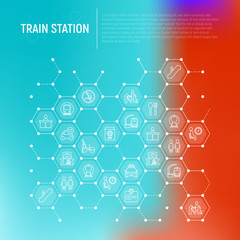Train station concept in honeycombs with thin line icons: information, ticket office, toilet, taxi, metro, waiting room, luggage storage, turnstile, food court, no smoking. Vector illustration.