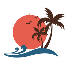 Vintage style palm trees silhouette with sun and ocean waves