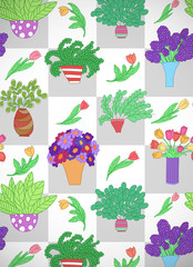 Vertical card with cute cartoon colored plants and flowers in pots and tulips. Checkered grey and white background.