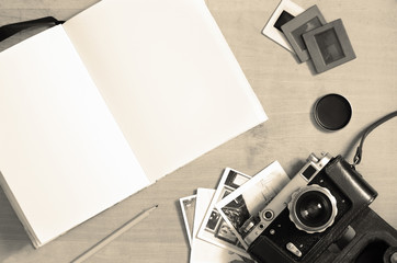 Photography background with a blank notebook