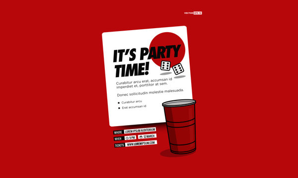 It's Party Time Poster Design Template With Red Glass Time Venue and Date