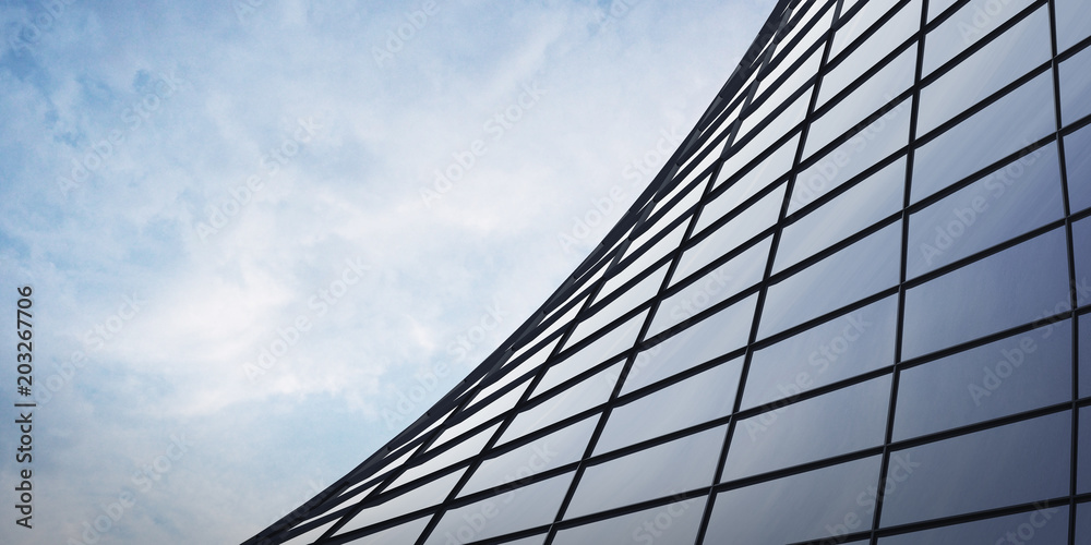 Aufkleber View of the clouds reflected in the curve glass office building. 3d rendering