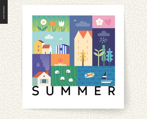 Obraz premium Idillic summer landscape postcard - countryside, town, travel, vacation camp concept - collage of trees, flowers, field with sheep, lake, sea waves with sail boat, resting man on inflatable mattress