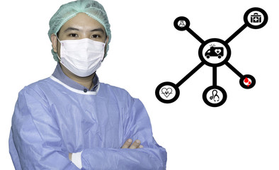 Male surgeon wearing a sterile blue suit or gown waiting on the operation theater isolated.