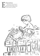 Children with books by hand drawing.Children with a new world in his book.The child is happy with his learning and imagination.