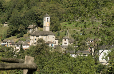 Fototapeta na wymiar Madonna degli Angeli; village church of Lavertezzo, seen from afar