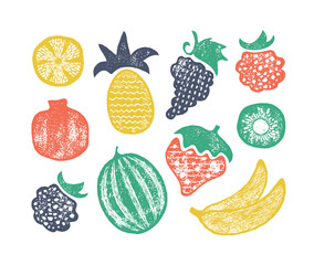 Grunge textured set of isolated fruits' vector illustrations.