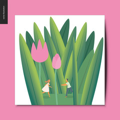 Simple things - young couple in tulips - flat cartoon vector concept illustration of tiny man and woman running towards each other under tulip flowers growing among huge grass trunks, summer postcard