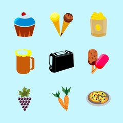 icons about Food with vanilla, potato chips, pepperoni, drink and tomato